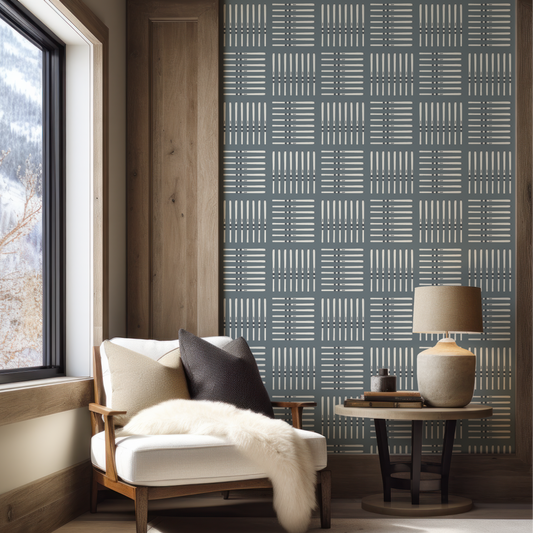 Ski Wallpaper on Denim Blue in mountain home.