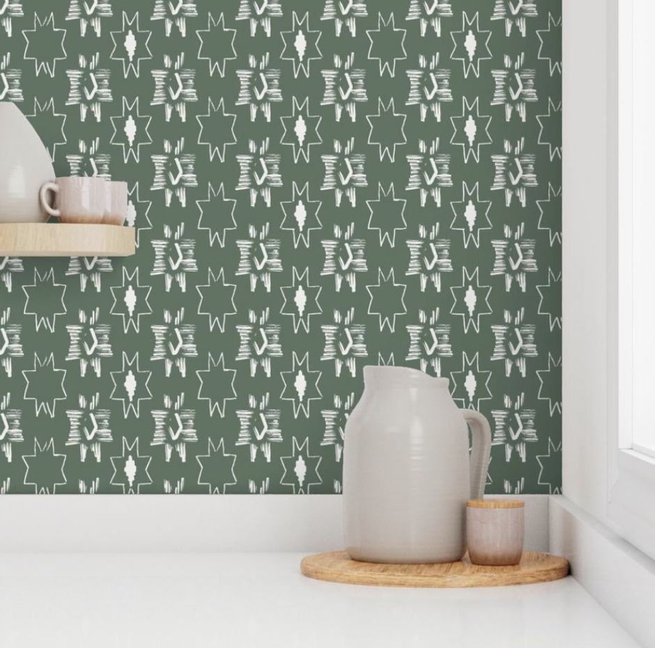 Willow + Wild Southwest Star on Green Grasscloth Wallpaper Roll - 32" x 22'