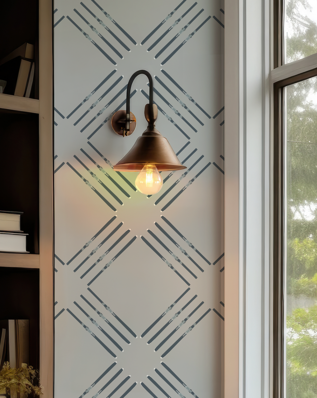 Ski Wallpaper in Silverton Grey showing navy ski motifs and the subdued grey background.