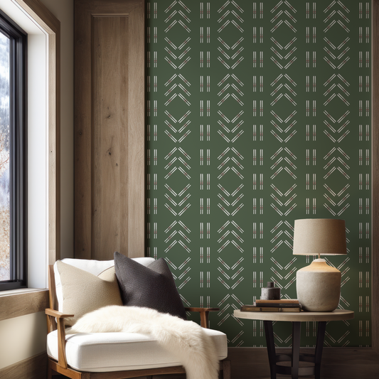 Ski Diamond and Double Ski Stripe Wallpaper on Mountain Green (Half Scale)