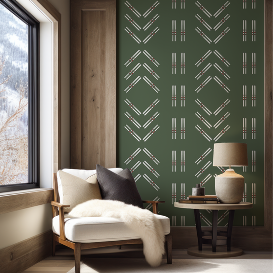 Ski Diamond and Double Ski Stripe Wallpaper on Mountain Green