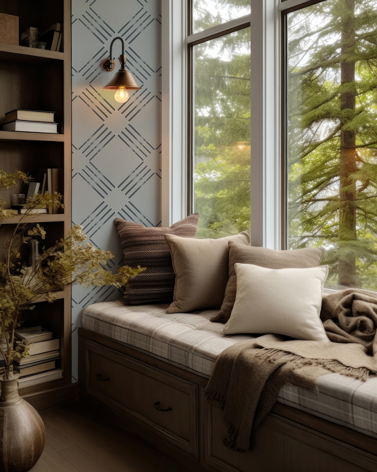Grey Ski Wallpaper with four skis arranged in a bold, repeating diamond pattern for mountain homes.