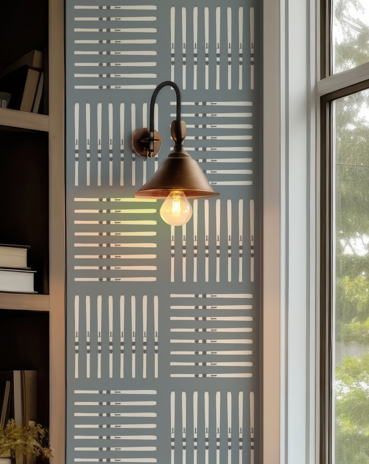 Ski Square Wallpaper in Denim Blues featuring skis arranged in a repeating square pattern in layered shades of blue.