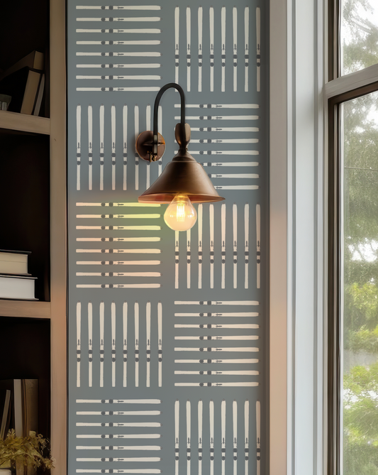 Ski Square Wallpaper in Denim Blues featuring skis arranged in a repeating square pattern in layered shades of blue.