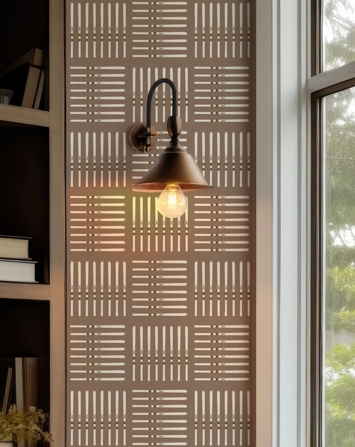 Ski Wallpaper in  Brown featuring a repeating geometric ski motif in tonal shades of brown.