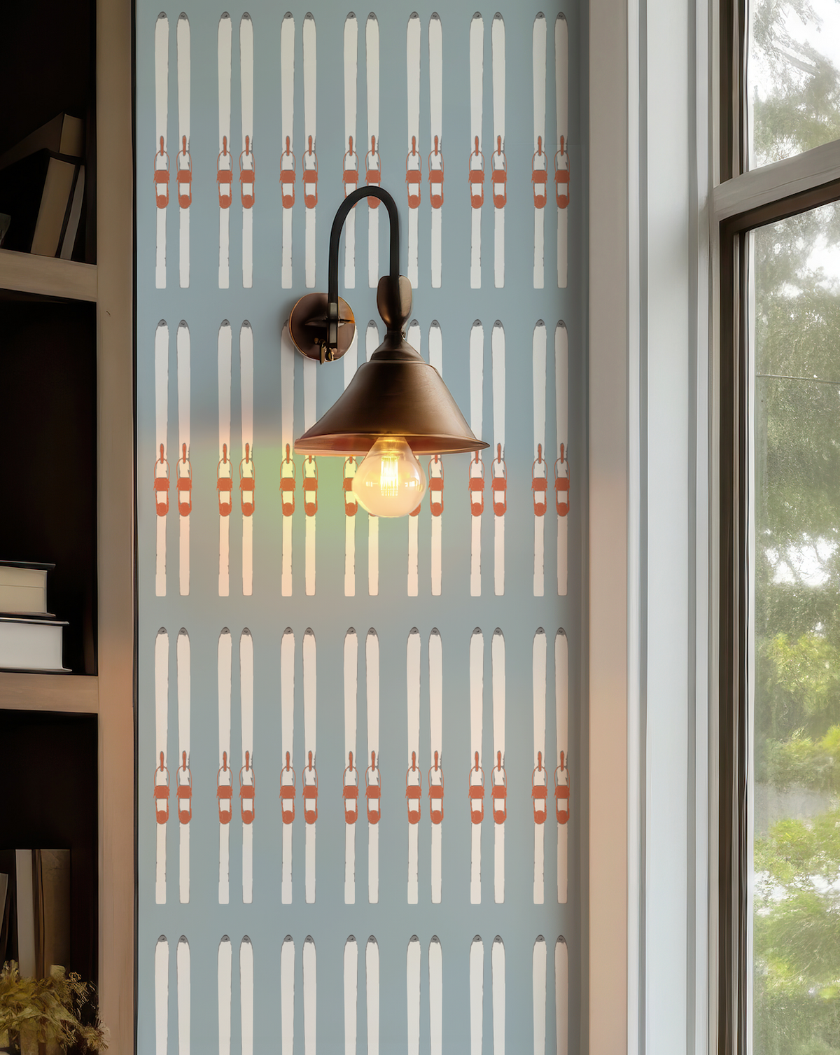 Ski Wallpaper featuring hand-drawn skis in repeating geometric rows against a soft powder-blue background.
