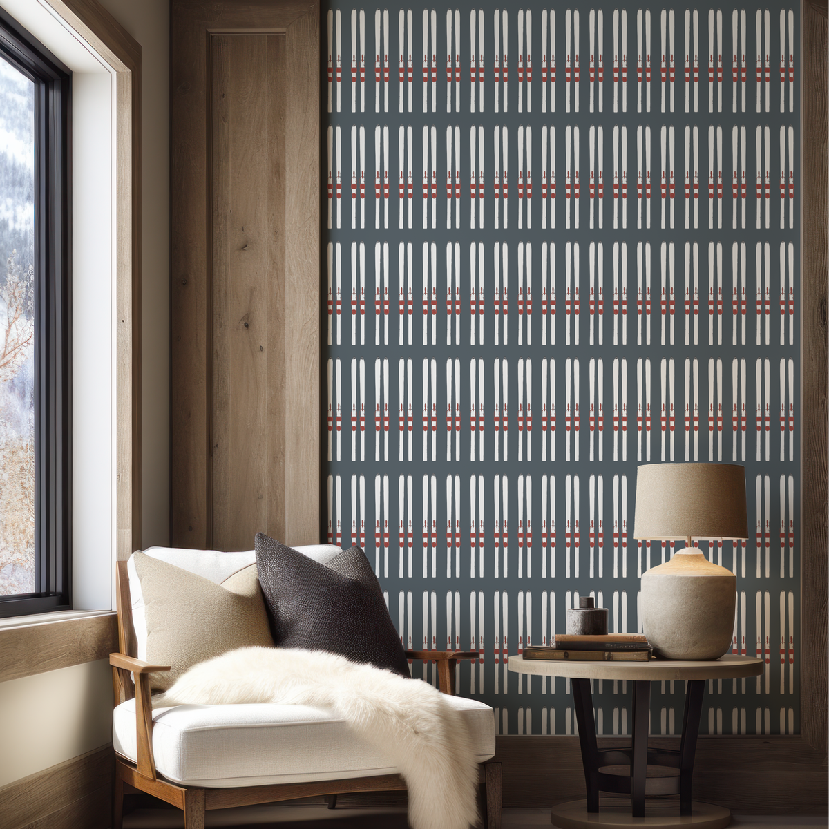 Ski Stripe Wallpaper in Park City Blue featuring skis arranged in a bold, repeating striped layout.
