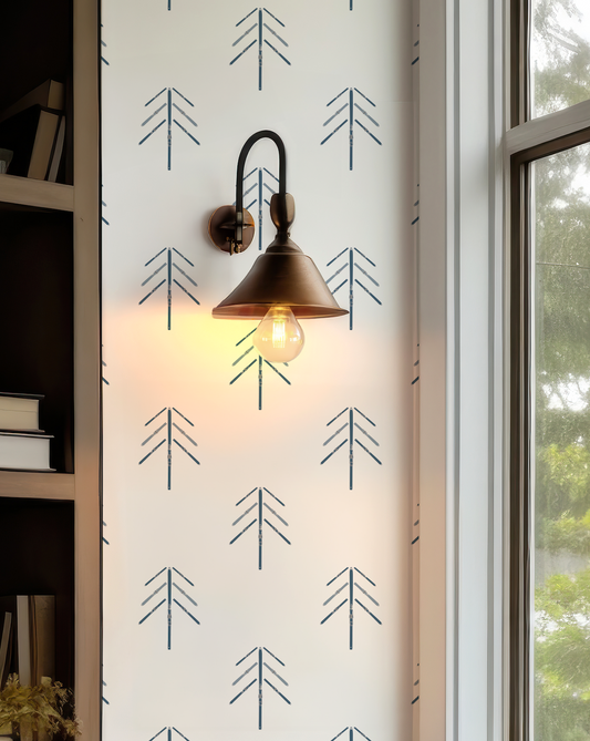 Ski Tree Wallpaper in Alta Blues featuring skis arranged into repeating tree motifs in shades of blue.