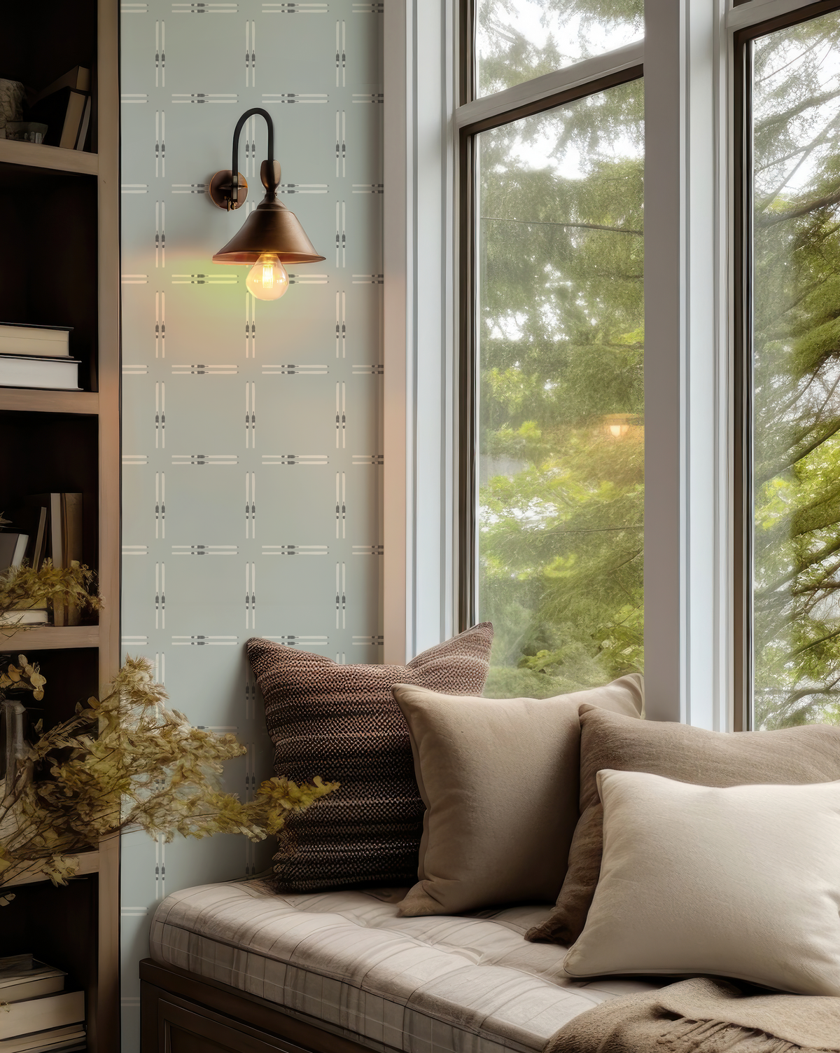 Sage green ski wallpaper with a repeating pattern of white skis and deep green bindings.