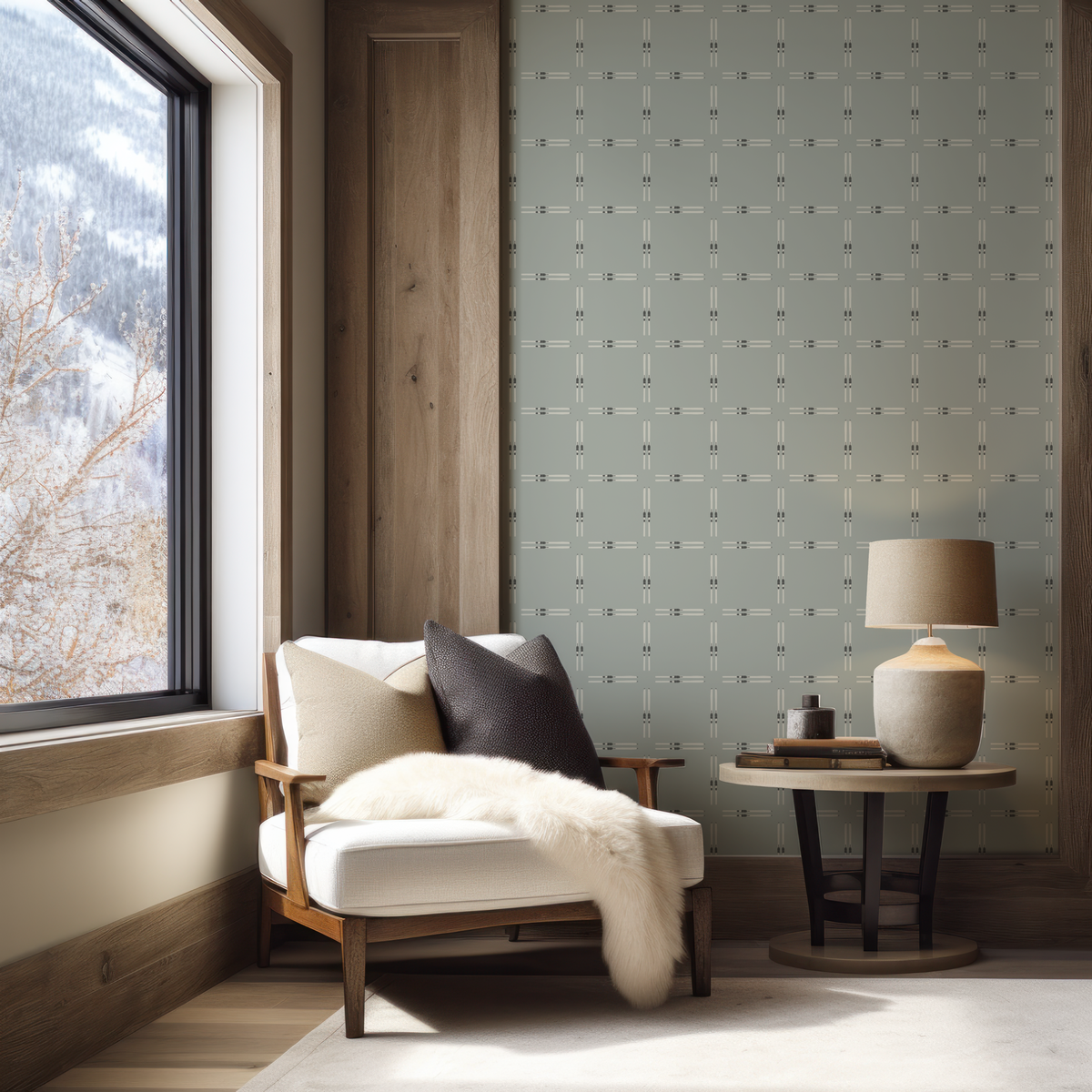 Ski Check Sage Green Wallpaper shown as a repeating ski-inspired pattern for mountain homes and ski chalets.
