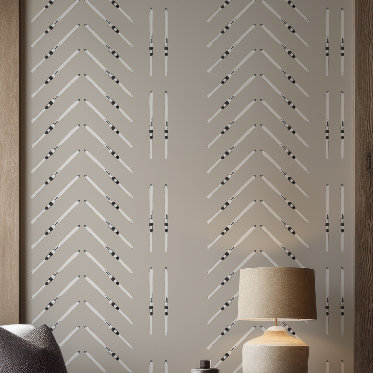 Ski Chevron and Stripe Taupe Grasscloth Wallpaper