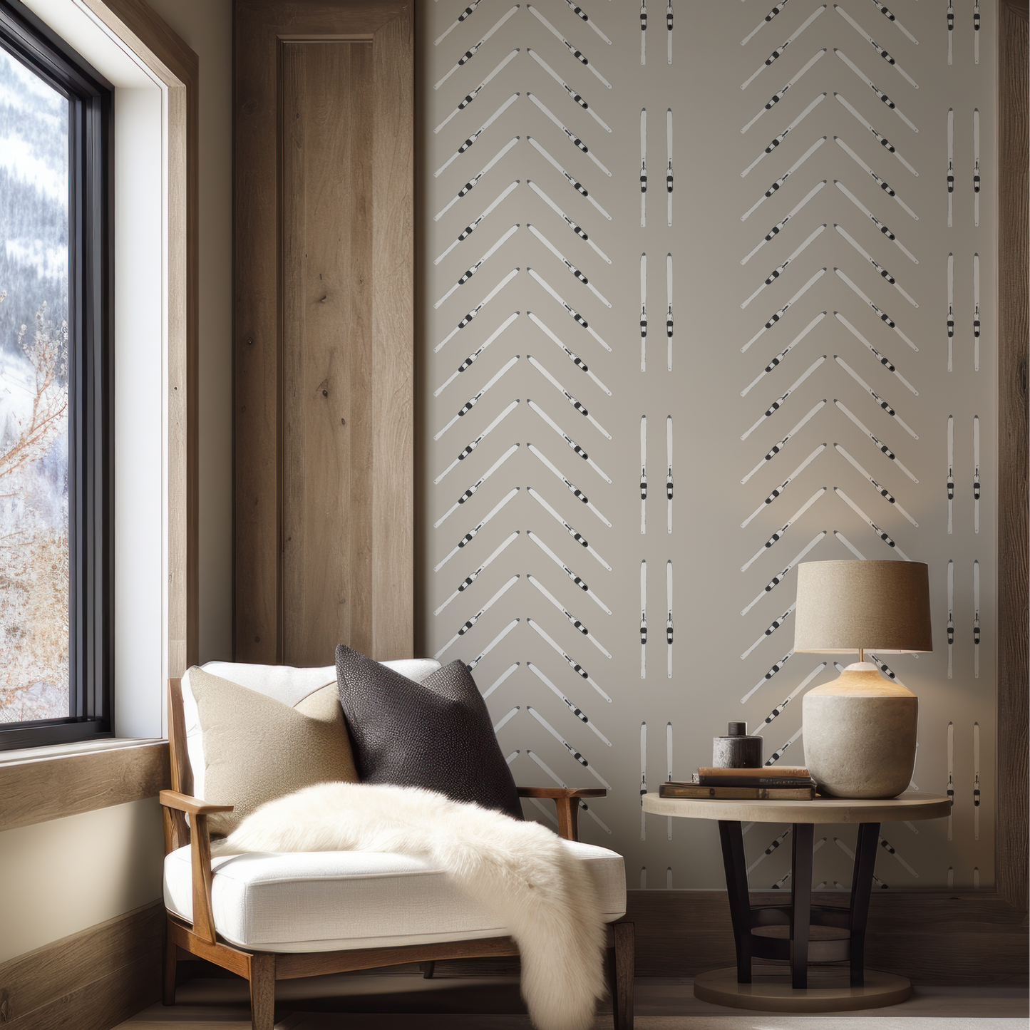 Ski Chevron and Stripe Taupe Grasscloth Wallpaper