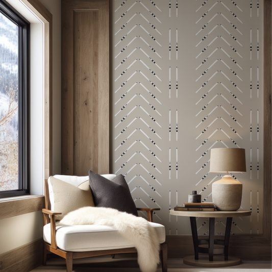 Ski Chevron and Stripe Taupe Grasscloth Wallpaper