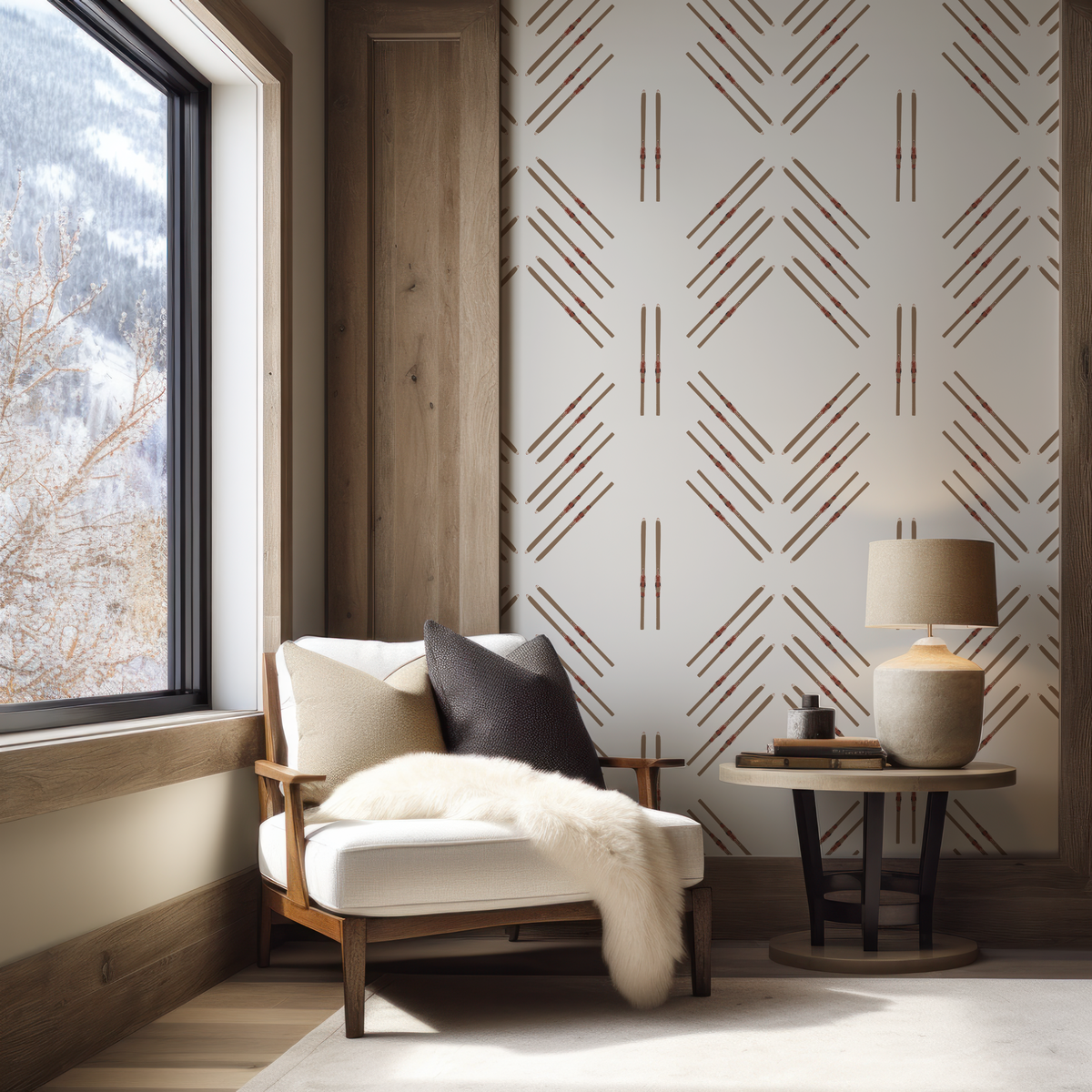 Off-white grasscloth wallpaper featuring vintage skis in a classic diamond pattern, ideal for ski homes and mountain interiors.
