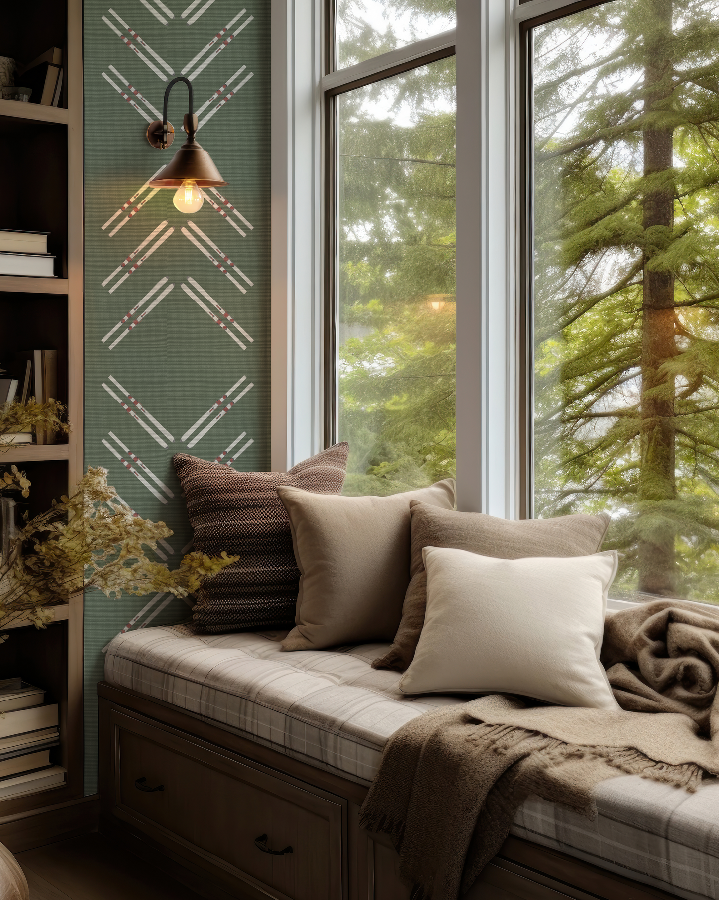 Ski Diamond and Double Ski Stripe Wallpaper on Mountain Green