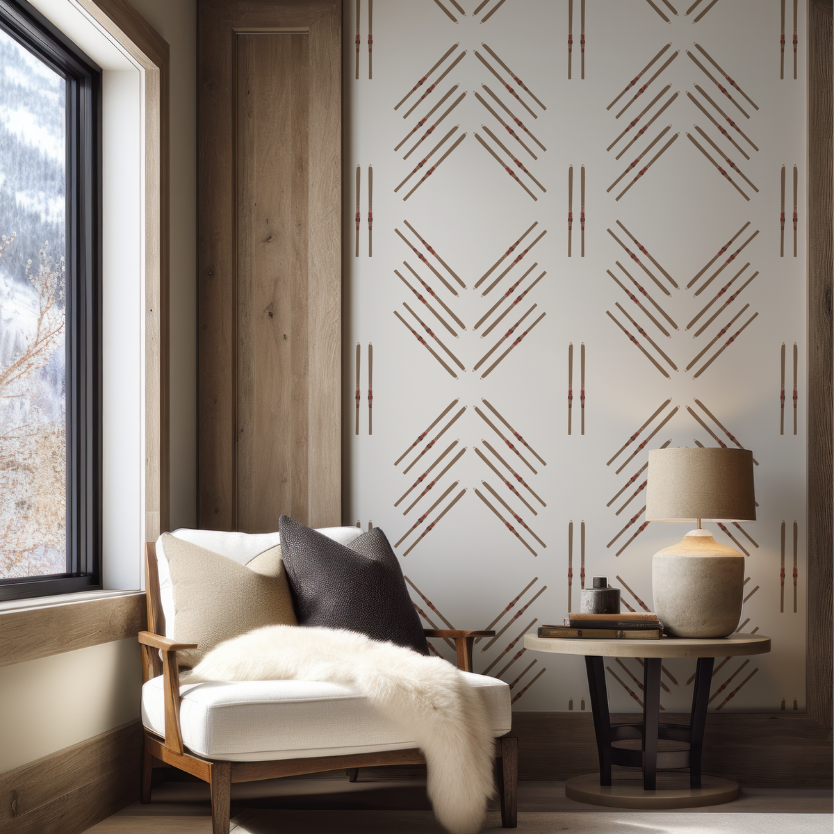 Mountain home ski wallpaper in off-white grasscloth with repeating vintage skis arranged in a diamond design.