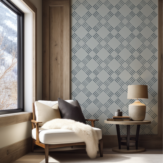 Repeating navy ski diamond pattern on grey wallpaper by Alpen Haus.