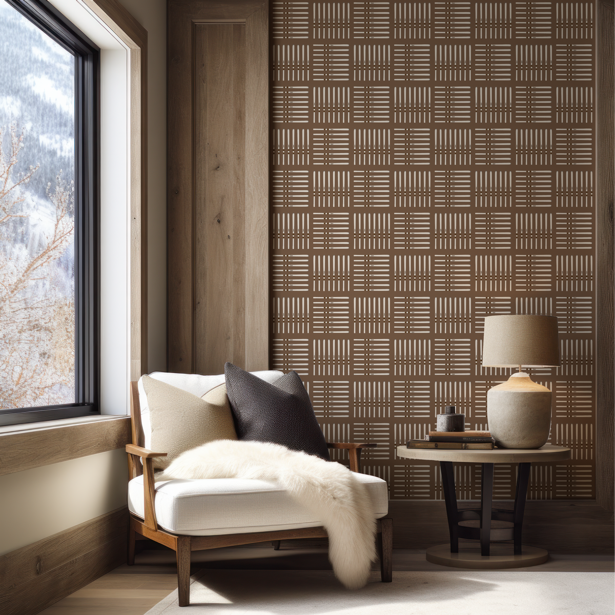 Ski Square Wallpaper — Jackson Brown by Alpen Haus, a warm, geometric ski-inspired design for mountain homes.