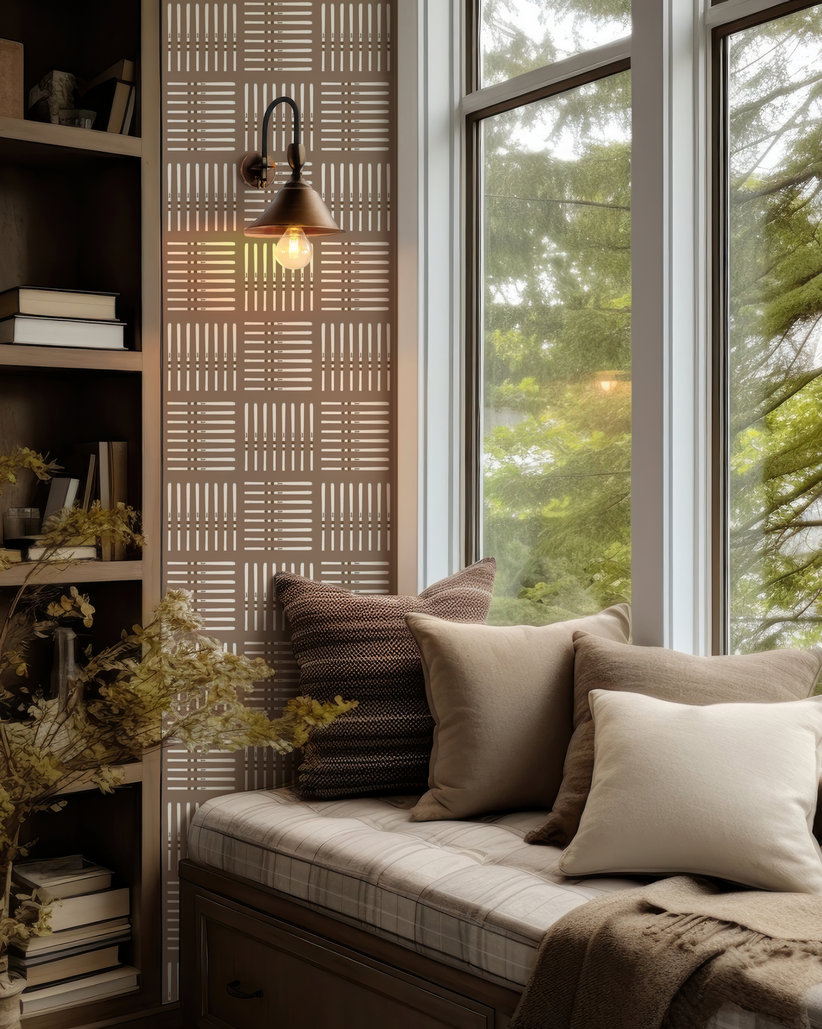 Repeating square pattern of skis in tonal browns on Jackson Brown wallpaper, inspired by classic ski culture.