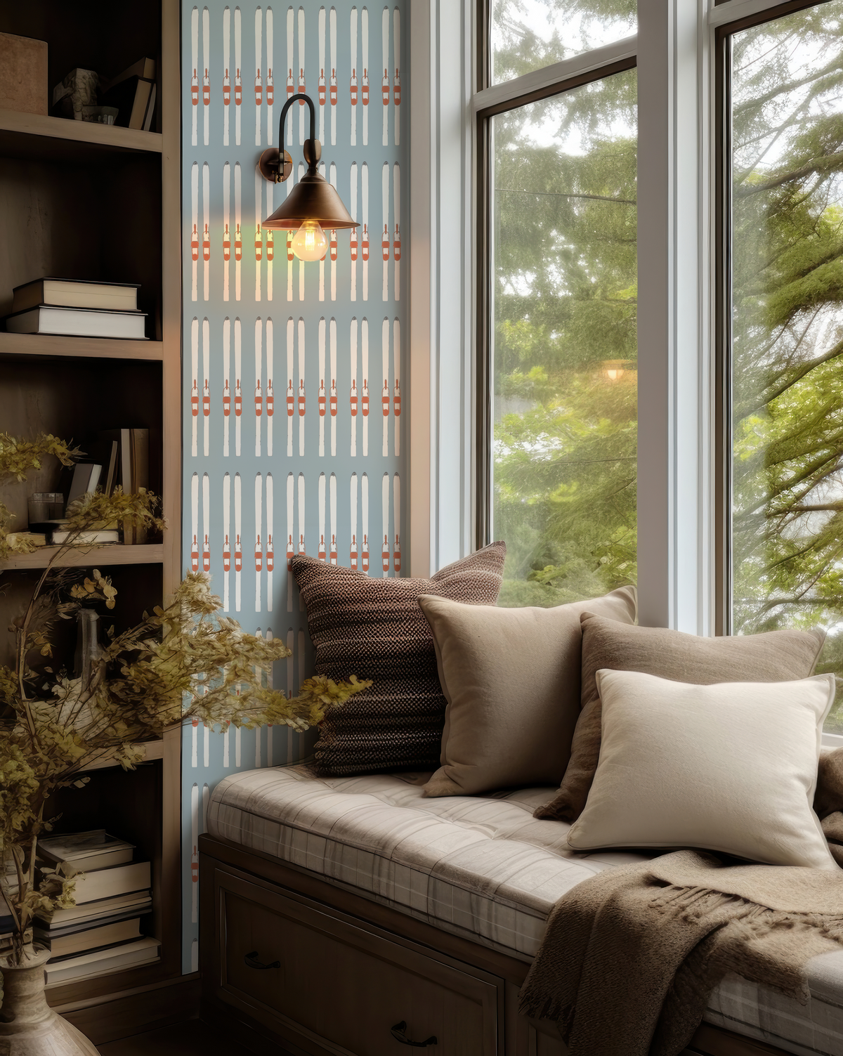Repeating striped ski pattern on powder-blue wallpaper by Alpen Haus, inspired by days spent on the mountain.