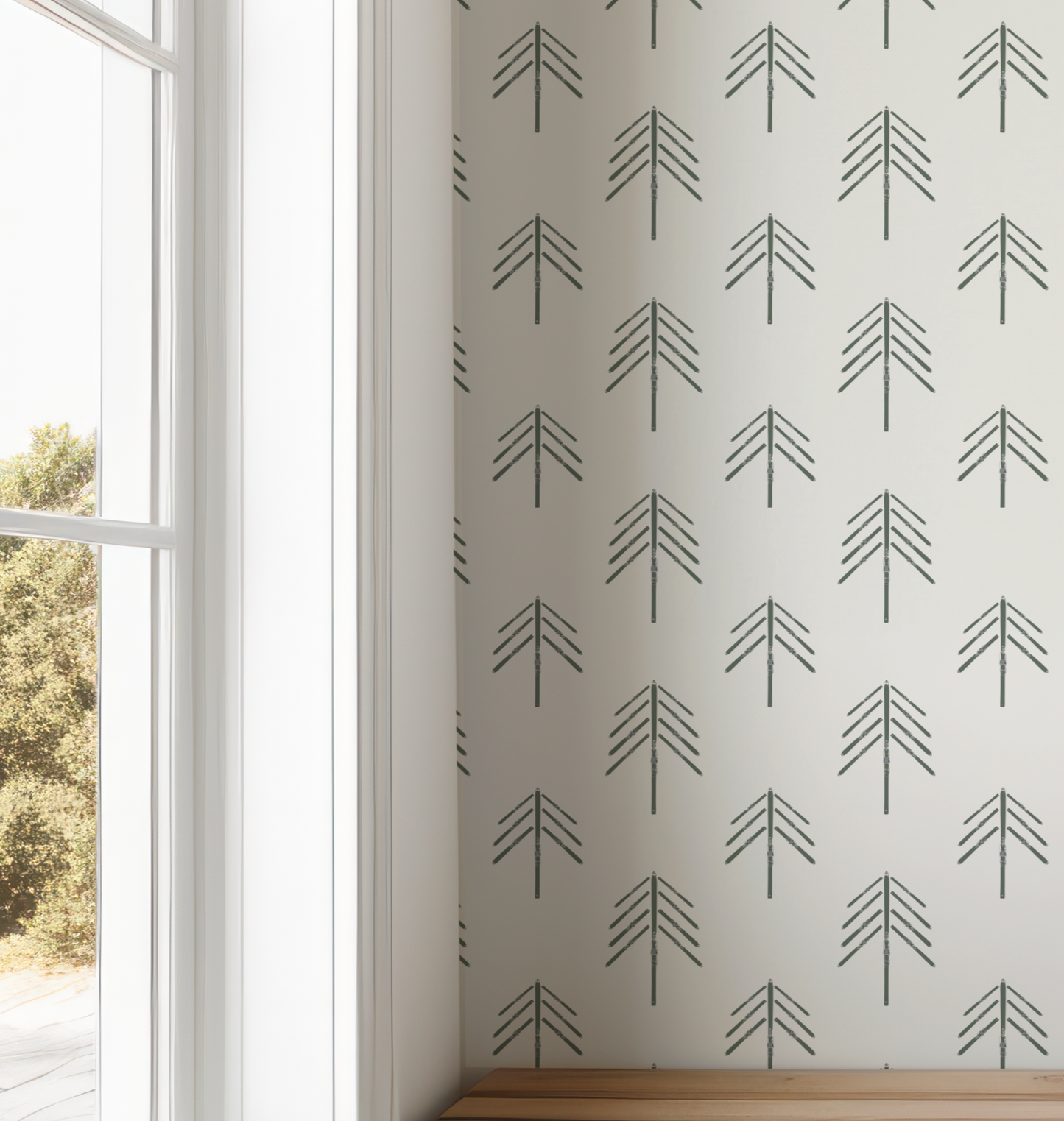 Ski Tree in Olive Green on Off White Wallpaper