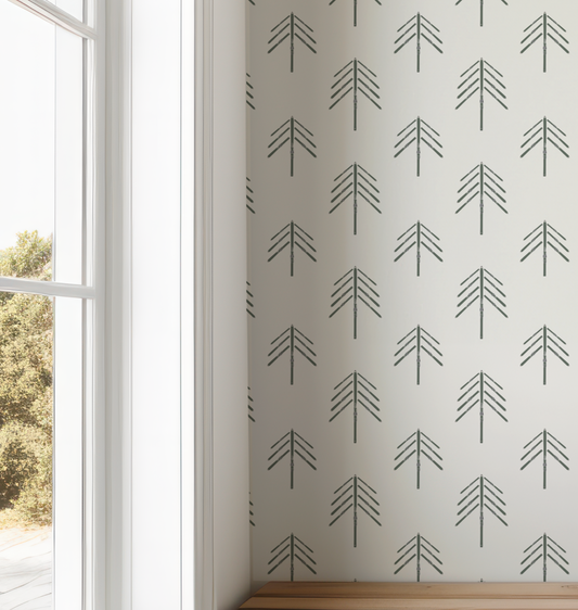 Ski Tree in Olive Green on Off White Wallpaper