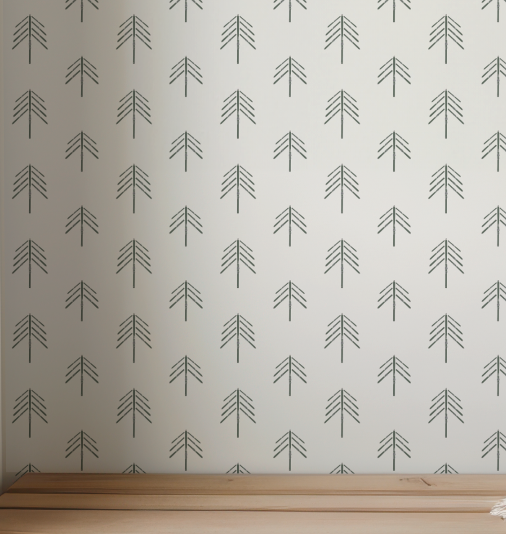Ski Tree Small in Olive Green on Off White Wallpaper