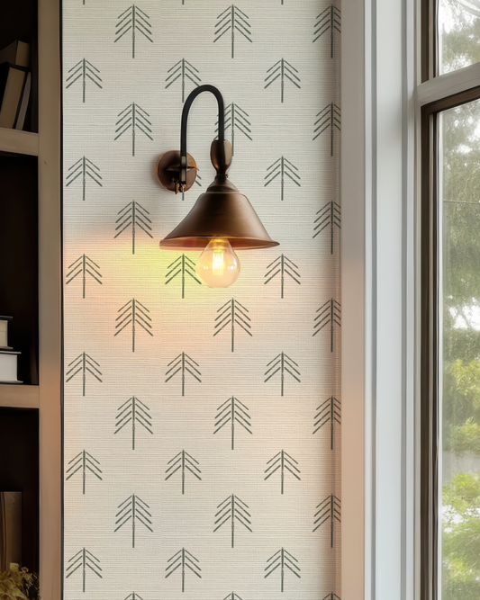 Ski Tree Small in Olive Green on Off White Wallpaper