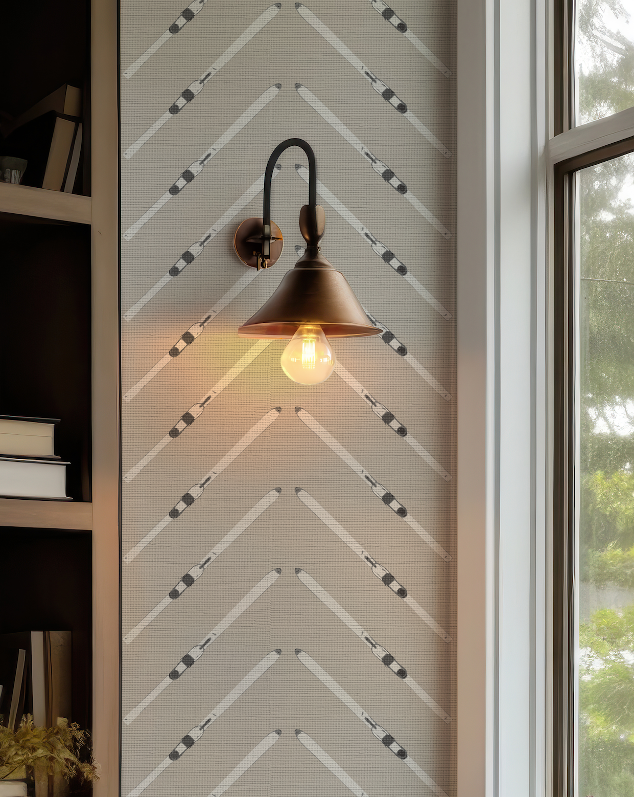 Ski Chevron and Stripe Taupe Grasscloth Wallpaper
