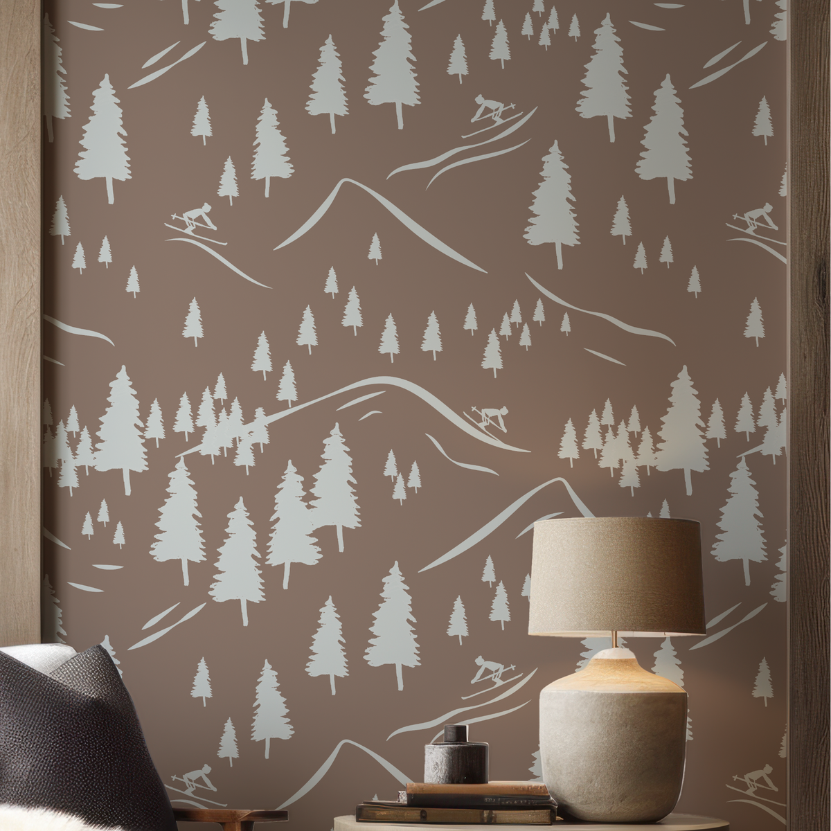 Wallpaper with skiers in Mountain Modern Home.