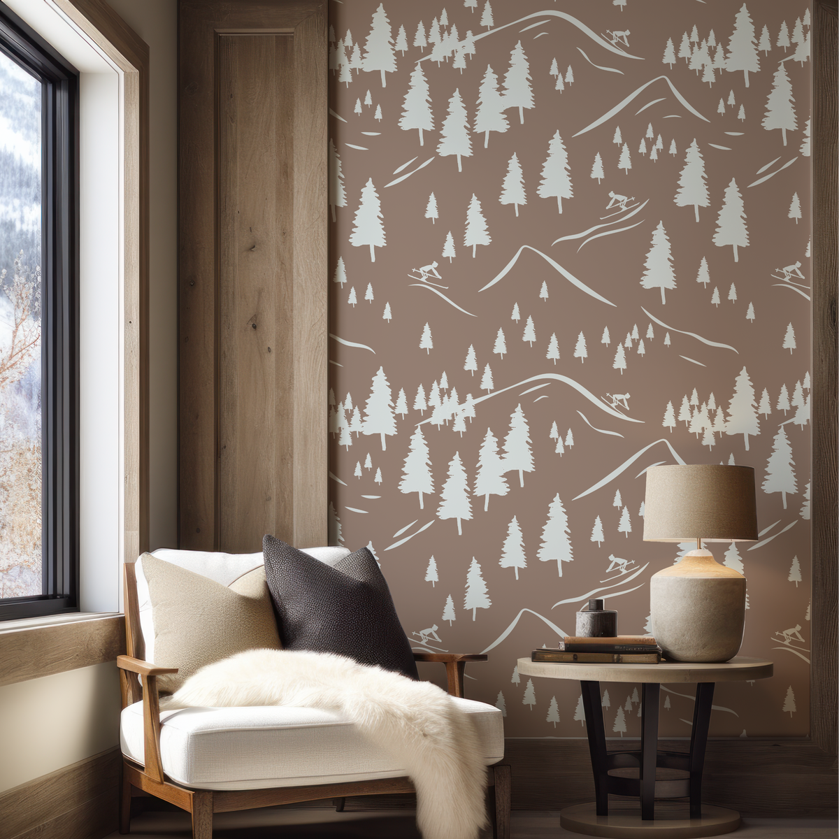 Wallpaper with skiers in mountain home. 