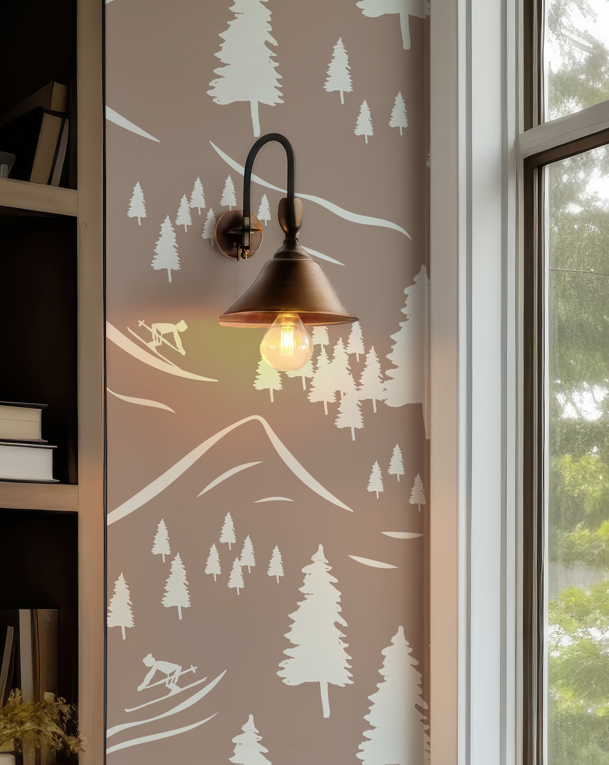 Ski Wallpaper in Terracotta featuring a repeating tree-skiing-inspired pattern in warm earthy tones.