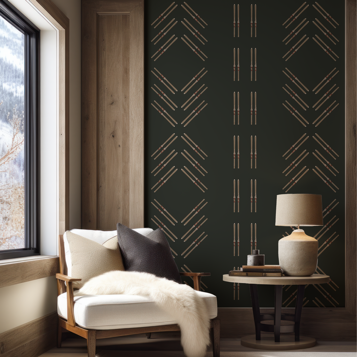 Vintage Ski Diamond and Stripe on Forest Green Grasscloth Wallpaper