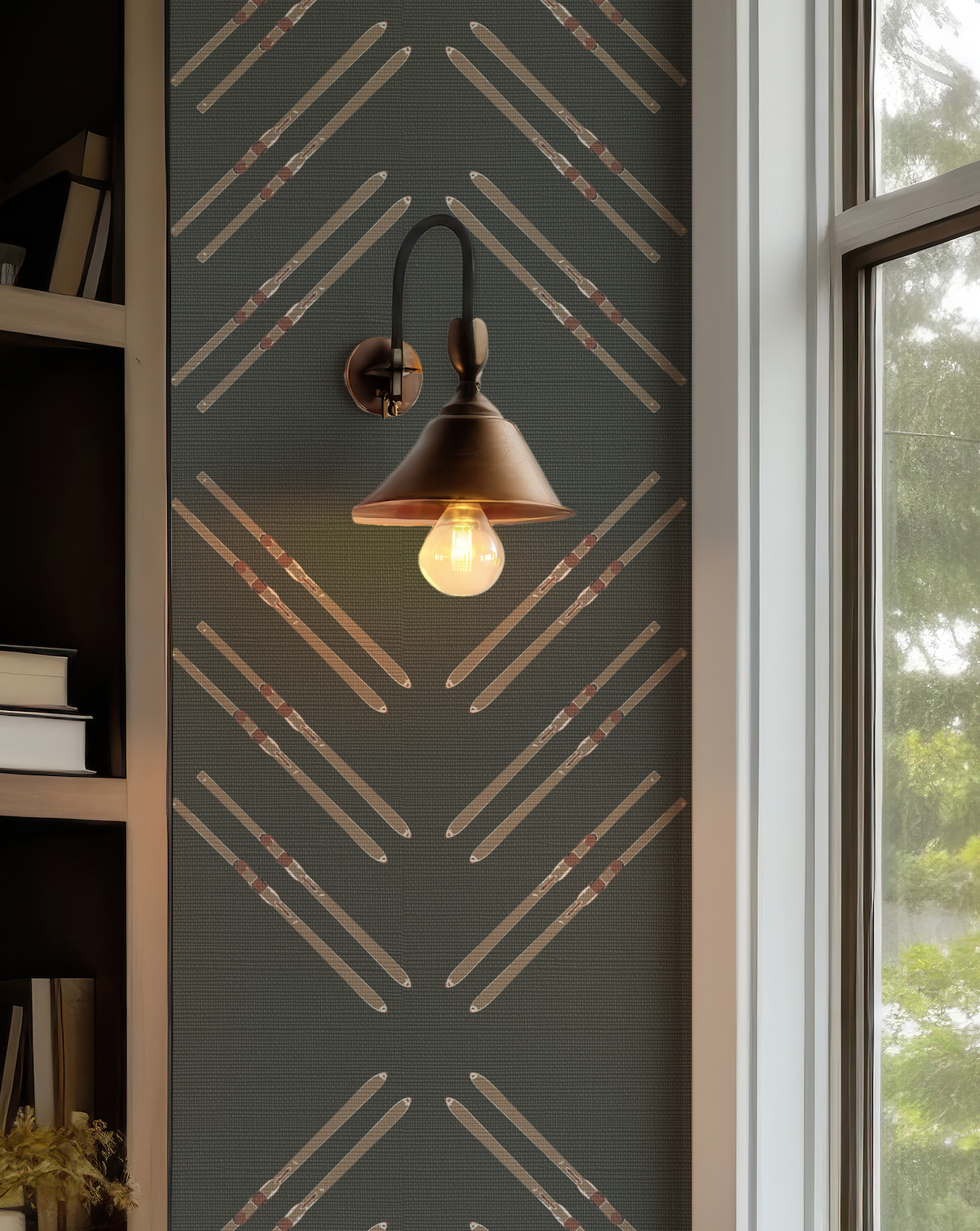 Vintage Ski Diamond and Stripe on Forest Green Grasscloth Wallpaper