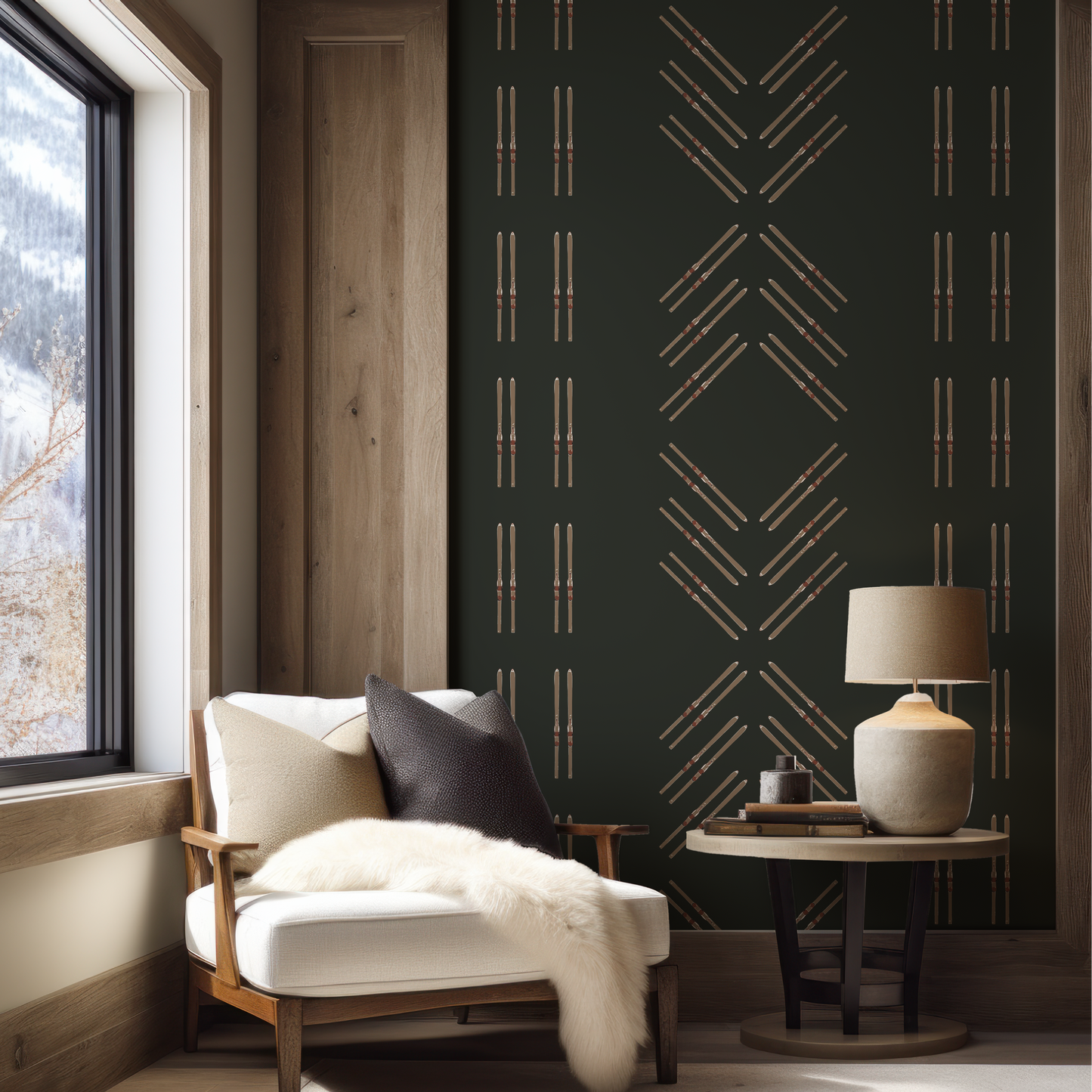 Vintage Ski Diamond and Stripe on Forest Green Grasscloth Wallpaper