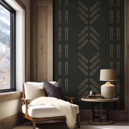 Vintage Ski Diamond and Stripe on Forest Green Grasscloth Wallpaper
