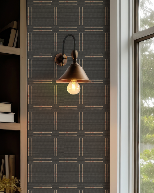 Vintage Ski Plaid on Black Grasscloth Wallpaper