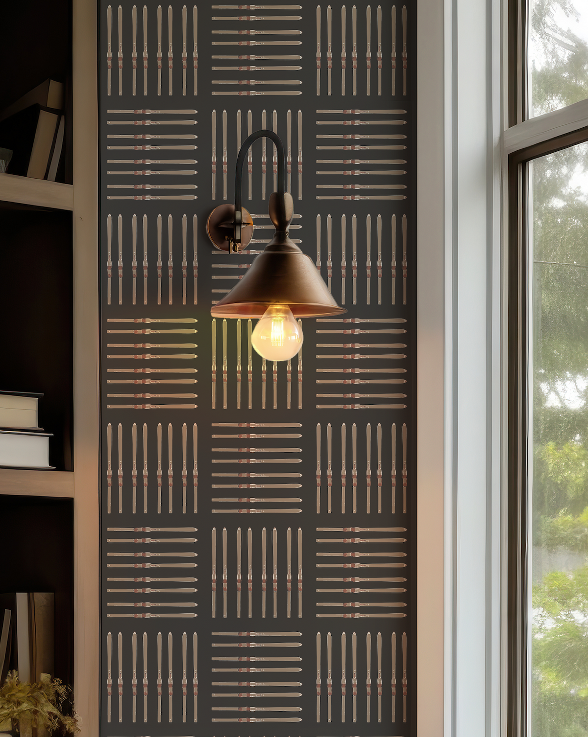 Vintage Ski Square Wallpaper in Black featuring a repeating geometric ski motif against a black background.