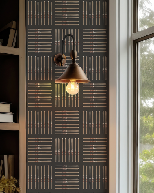 Vintage Ski Square Wallpaper in Black featuring a repeating geometric ski motif against a black background.