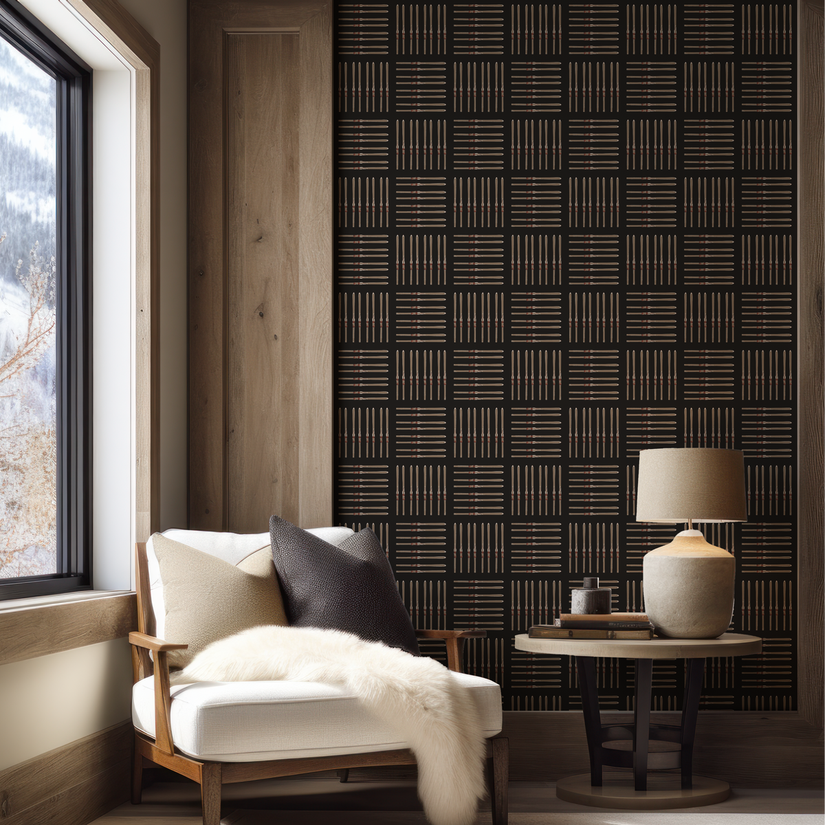 Wallpaper for ski lodge in black.