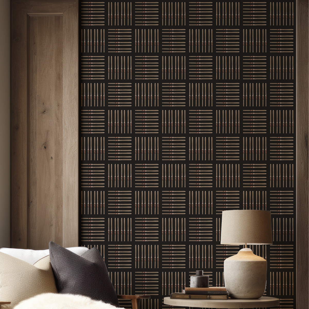 Vintage Ski Square Wallpaper in Black featuring a repeating geometric ski motif against a black background.