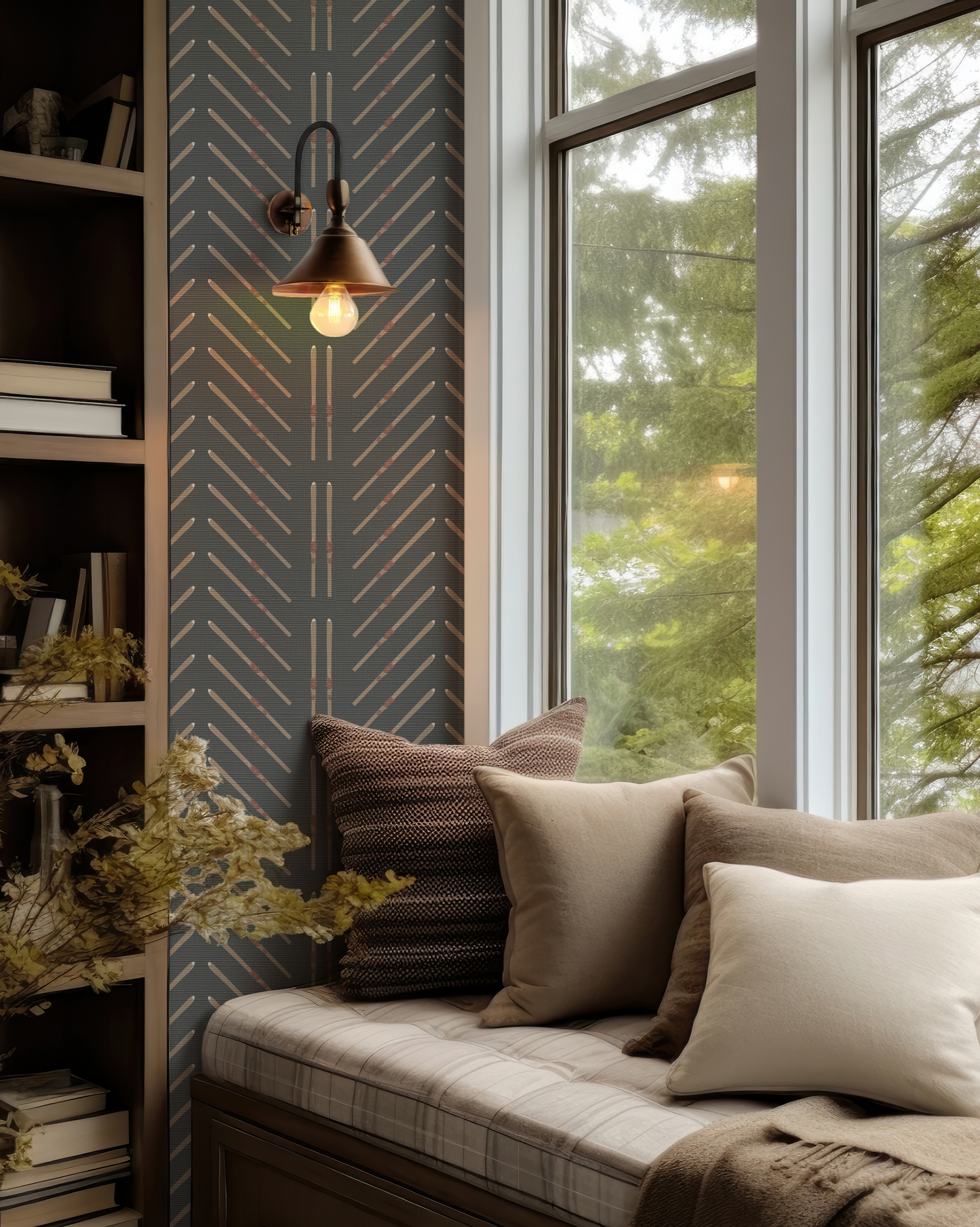 Vintage Ski Chevron Stripe with Vertical Skis on Black Wallpaper