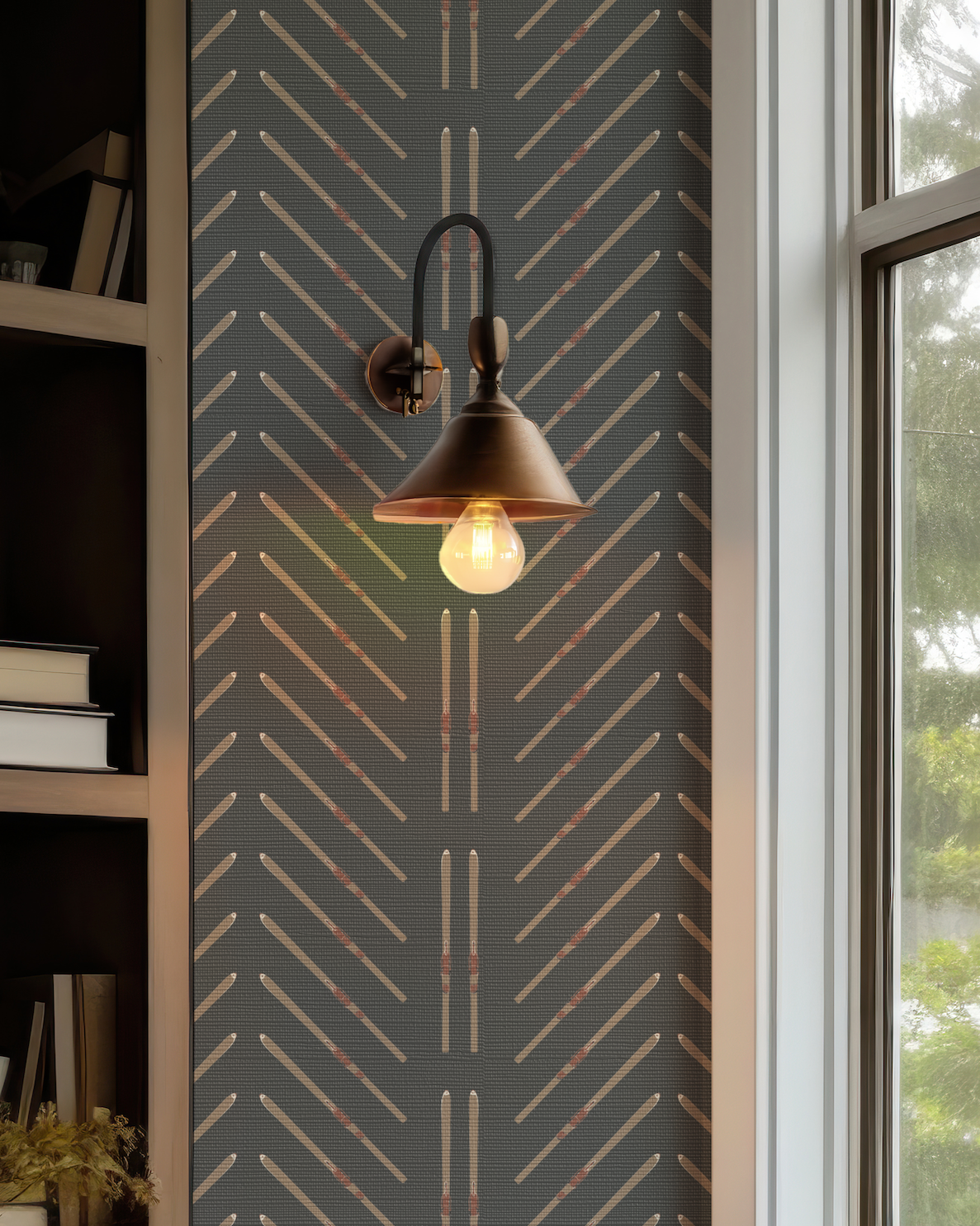 Vintage Ski Chevron Stripe with Vertical Skis on Black Wallpaper
