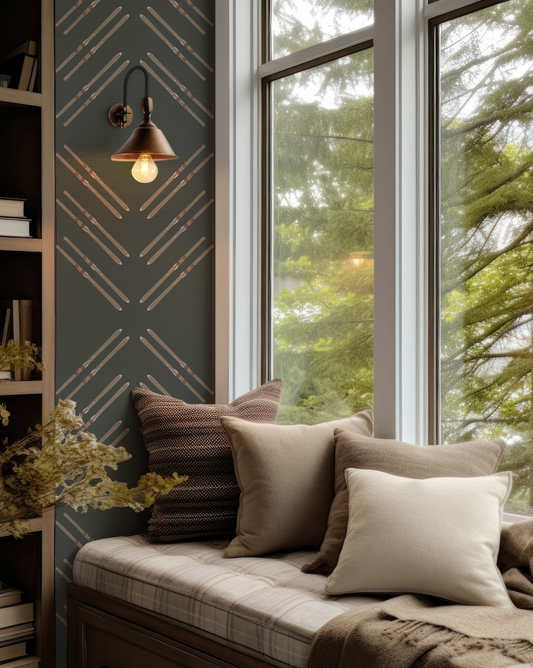 Forest green grasscloth wallpaper with hand-drawn skis in a diamond and stripe pattern in mountain home