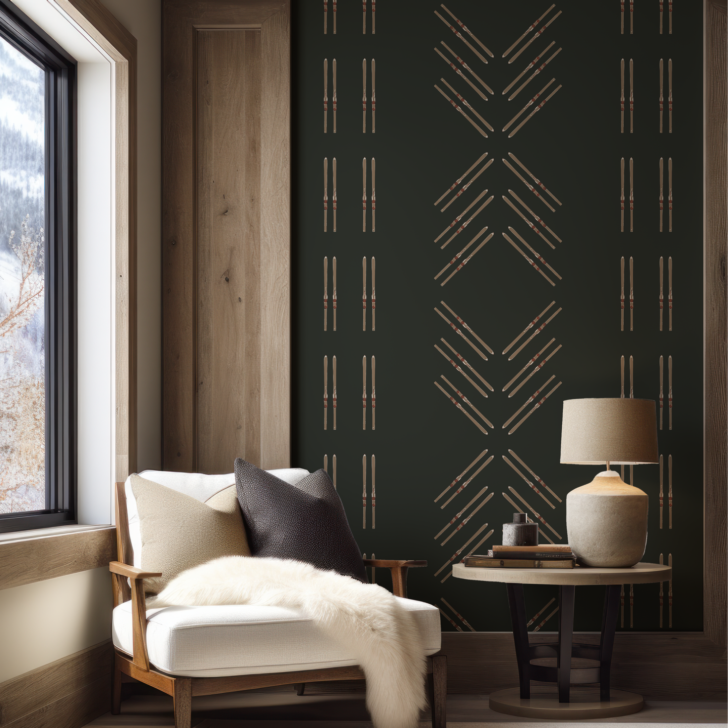 Vintage Ski Diamond and Stripe on Forest Green Grasscloth Wallpaper