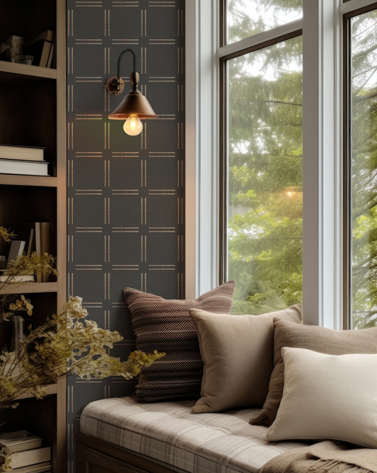 Vintage Ski Plaid on Black Grasscloth Wallpaper
