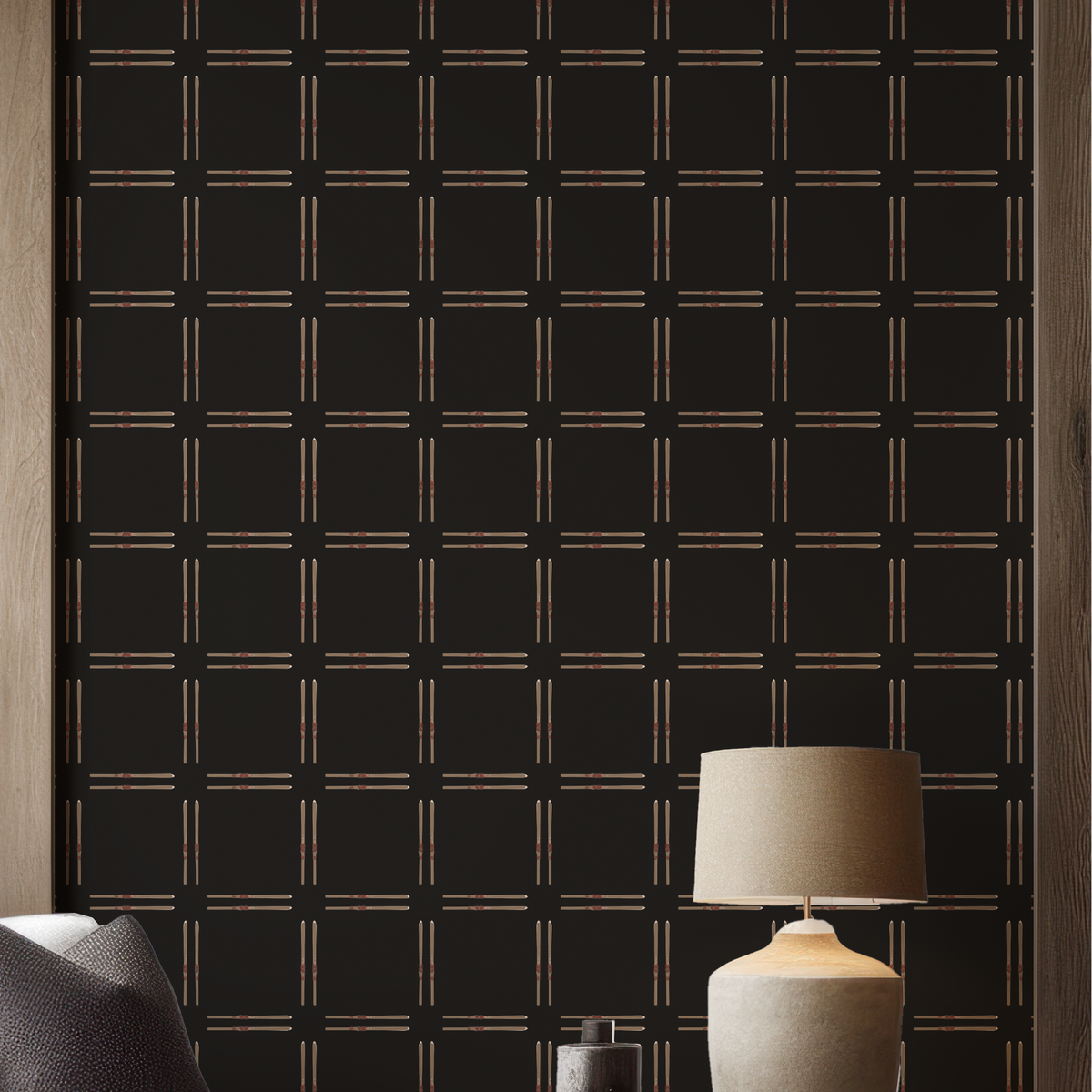 Vintage ski illustrations in check or ski plaid pattern on black grasscloth wallpaper