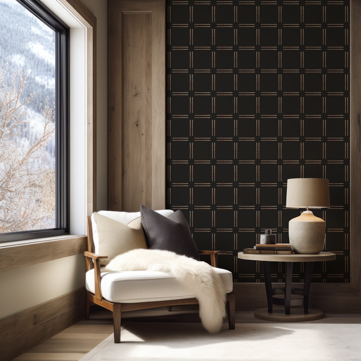 Vintage Ski Check Black Grasscloth Wallpaper