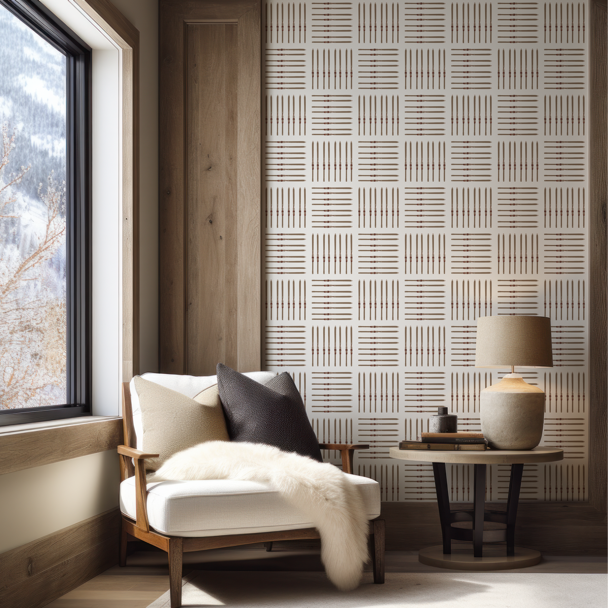 ski wallpaper in natural grasscloth for a ski lodge