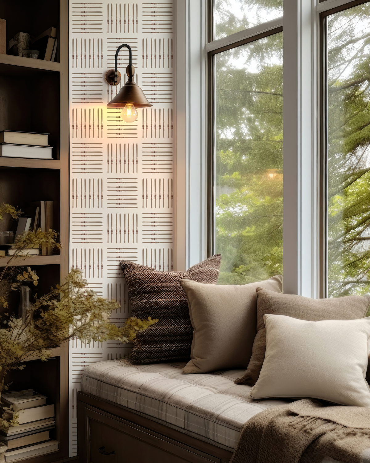 Off-white vintage ski wallpaper with a repeating geometric pattern inspired by ski culture.